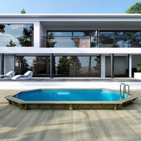 Pool NEMO 5.79 x 3.49 - H.1.45 m, hellblau, mit am Beton verschraubten Stahlprofilen