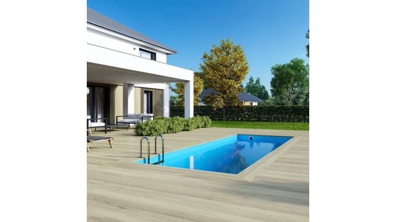 Pool AQUA 6.1 x 2.85 - H.1.31 m, hellblau, mit am Beton verschraubten Stahlprofilen