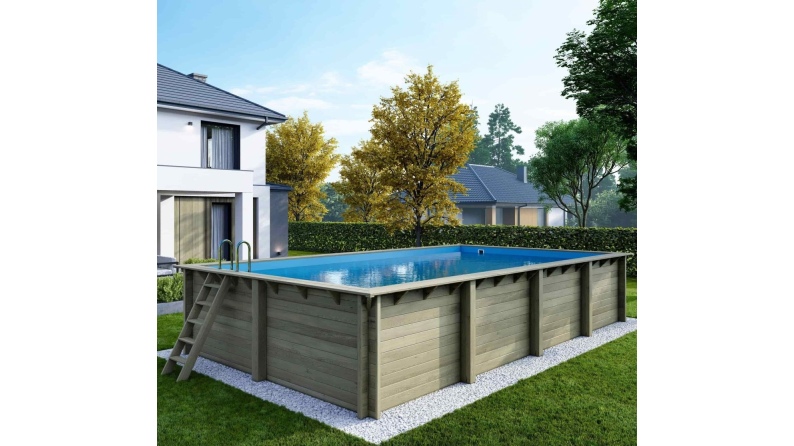 Pool AQUA 8.5 x 4.35 - H.1.45 m, hellblau, mit am Beton verschraubten Stahlprofilen
