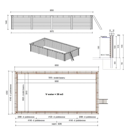Pool AQUA 8.5 x 4.35 - H.1.45 m, grau, mit Stahlprofilen zum Einbetonieren