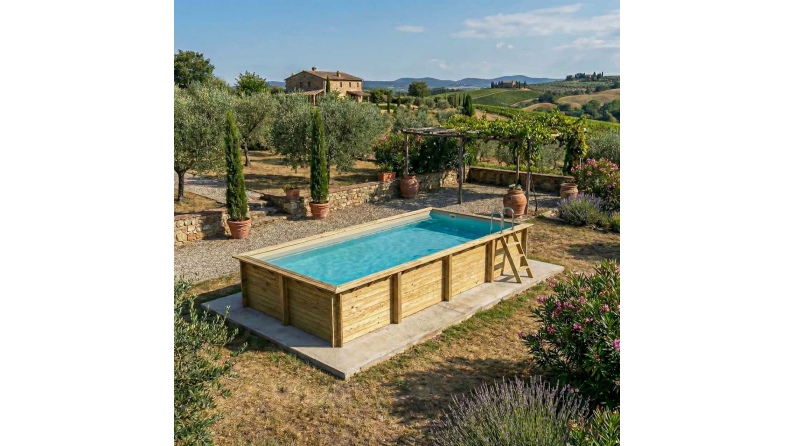 Pool AQUA 8.5 x 4.35 - H.1.45 m, sandfarben, mit am Beton verschraubten Stahlprofilen