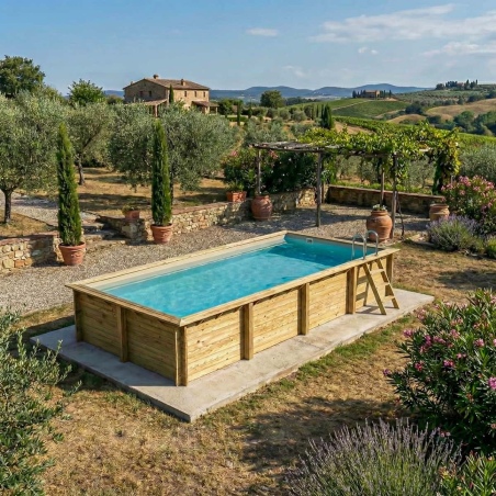 Pool AQUA 8.5 x 4.35 - H.1.45 m, sandfarben, mit am Beton verschraubten Stahlprofilen