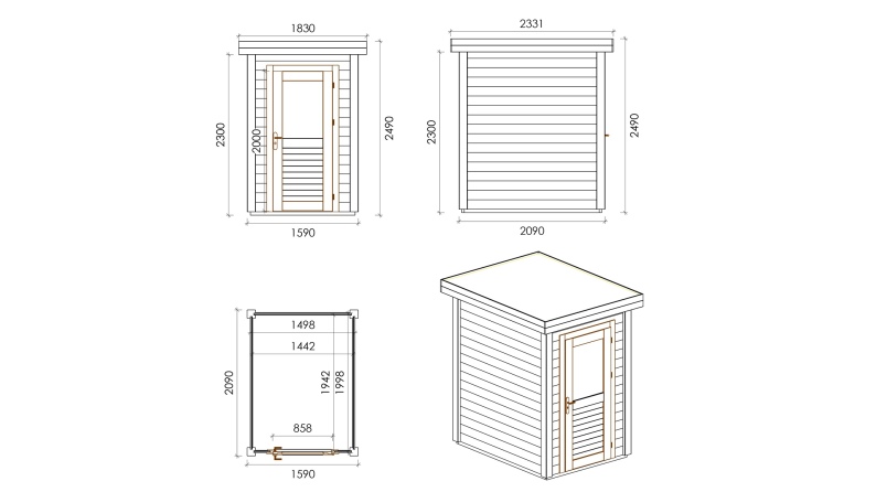 Gartenhaus, Gerätehaus Mira 1.59x2.09m - 3.32m2 - 28mm - Imprägniert