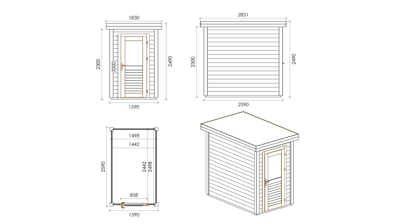 Gartenhaus, Gerätehaus Mira 1.59x2.59m - 4.11m2 - 28mm - Imprägniert
