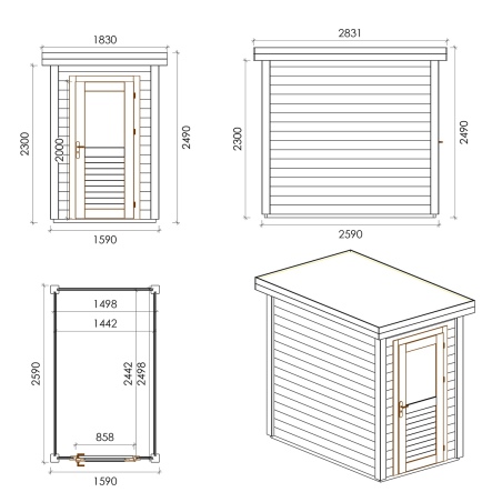 Gartenhaus, Gerätehaus Mira 1.59x2.59m - 4.11m2 - 28mm - Imprägniert