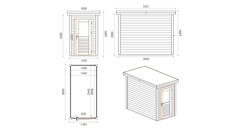 Gartenhaus, Gerätehaus Mira 1.59x3.09m - 4.91m2 - 28mm - Imprägniert