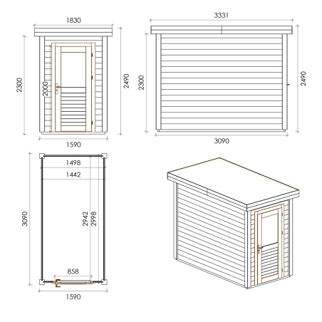 Gartenhaus, Gerätehaus Mira 1.59x3.09m - 4.91m2 - 28mm - Imprägniert