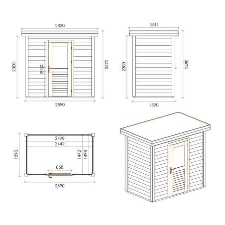 Gartenhaus, Gerätehaus Rava 2.59x1.59m - 4.12m2 - 28mm - Imprägniert