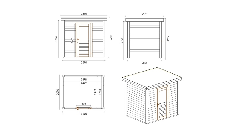Gartenhaus, Gerätehaus Rava 2.59x2.09m - 5.41m2 - 28mm - Imprägniert