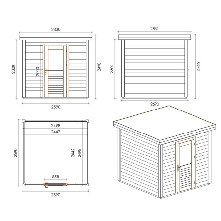 Gartenhaus, Gerätehaus Rava 2.59x2.59m - 6.71m2 - 28mm - Imprägniert