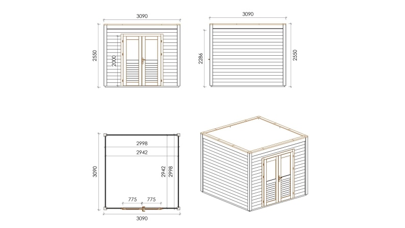 Gartenhaus, Gerätehaus Sora 3.09x3.09m - 9.55m2 - 28mm - Imprägniert
