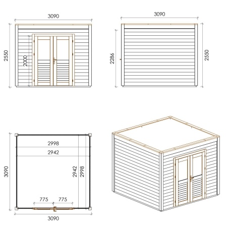 Gartenhaus, Gerätehaus Sora 3.09x3.09m - 9.55m2 - 28mm - Imprägniert