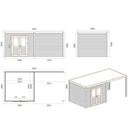 Gartenhaus, Gerätehaus Sora 6.06x3.09m - 18.73m2 - 28mm - Imprägniert