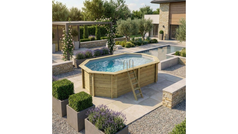 Pool NEMO 5.79 x 3.49 - H.1.45 m mit Liegefläche, grau, mit am Beton verschraubten Stahlprofilen