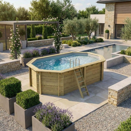 Pool NEMO 5.79 x 3.49 - H.1.45 m mit Liegefläche, grau, mit am Beton verschraubten Stahlprofilen