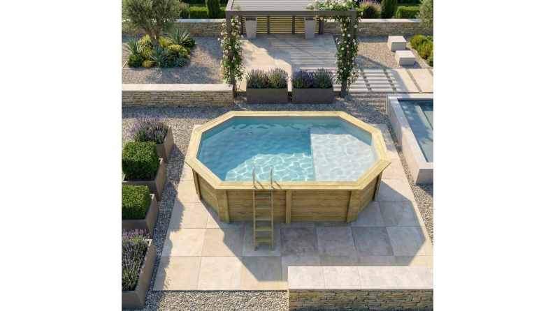 Pool NEMO 5.79 x 3.49 - H.1.45 m mit Liegefläche, grau, mit am Beton verschraubten Stahlprofilen