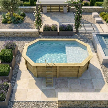 Pool NEMO 5.79 x 3.49 - H.1.45 m mit Liegefläche, grau, mit am Beton verschraubten Stahlprofilen