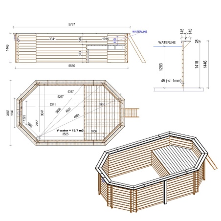 Pool NEMO 5.79 x 3.49 - H.1.45 m mit Liegefläche, grau, mit am Beton verschraubten Stahlprofilen