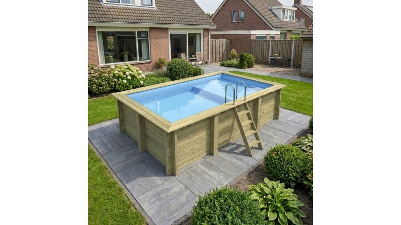 Pool AQUA 4.65 x 2.85 - H.1.24 m mit Liegefläche, hellblau, mit am Beton verschraubten Stahlprofilen