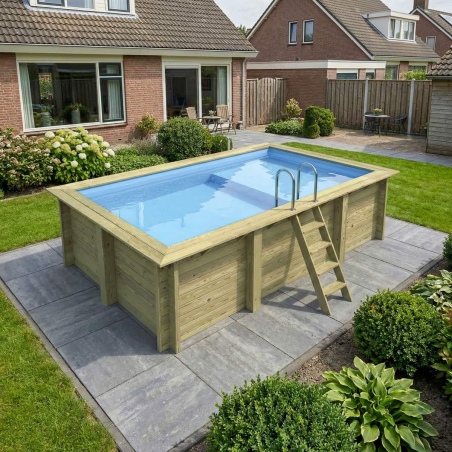 Pool AQUA 4.65 x 2.85 - H.1.24 m mit Liegefläche, hellblau, mit am Beton verschraubten Stahlprofilen