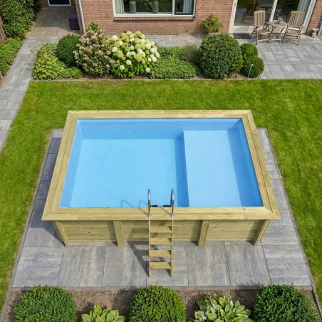 Pool AQUA 4.65 x 2.85 - H.1.24 m mit Liegefläche, hellblau, mit am Beton verschraubten Stahlprofilen