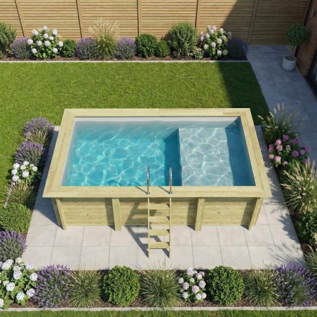 Pool AQUA 4.65 x 2.85 - H.1.24 m mit Liegefläche, grau, mit am Beton verschraubten Stahlprofilen