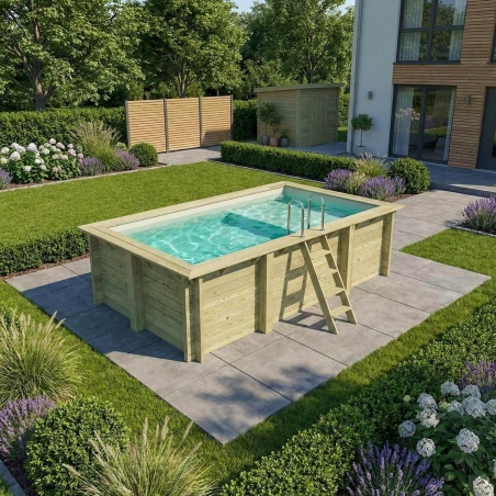 Pool AQUA 4.65 x 2.85 - H.1.24 m mit Liegefläche, sandfarben, mit am Beton verschraubten Stahlprofilen