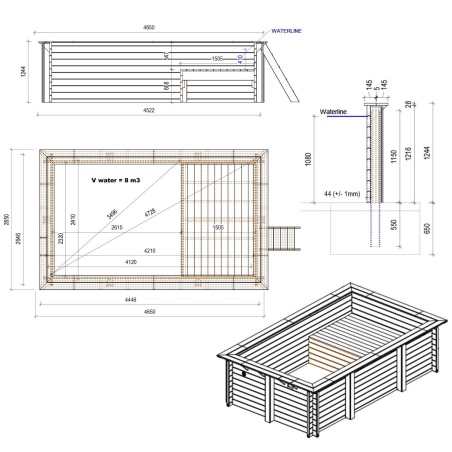 Pool AQUA 4.65 x 2.85 - H.1.24 m mit Liegefläche, sandfarben, mit am Beton verschraubten Stahlprofilen