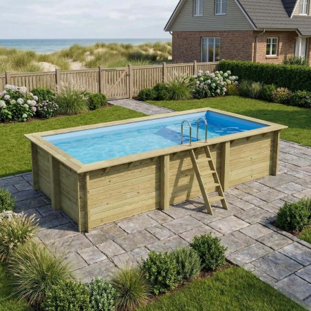 Pool AQUA 6.1 x 2.85 - H.1.31 m mit Liegefläche, hellblau, mit am Beton verschraubten Stahlprofilen