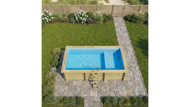 Pool AQUA 6.1 x 2.85 - H.1.31 m mit Liegefläche, hellblau, mit am Beton verschraubten Stahlprofilen