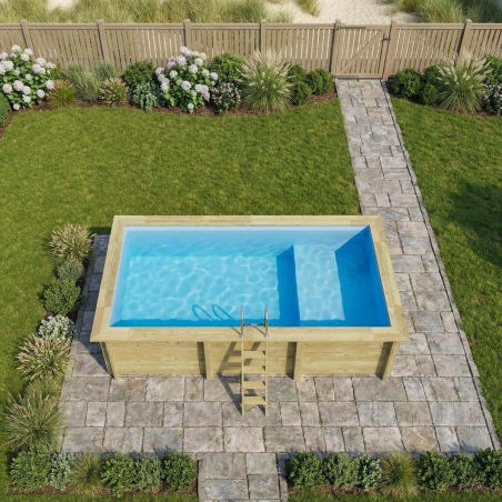 Pool AQUA 6.1 x 2.85 - H.1.31 m mit Liegefläche, hellblau, mit am Beton verschraubten Stahlprofilen