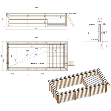 Pool AQUA 6.1 x 2.85 - H.1.31 m mit Liegefläche, hellblau, mit am Beton verschraubten Stahlprofilen