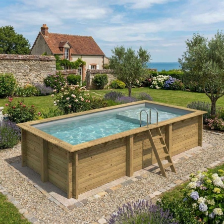 Pool AQUA 6.1 x 2.85 - H.1.31 m mit Liegefläche, grau, mit am Beton verschraubten Stahlprofilen