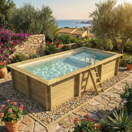 Pool AQUA 6.1 x 2.85 - H.1.31 m mit Liegefläche, sandfarben, mit am Beton verschraubten Stahlprofilen