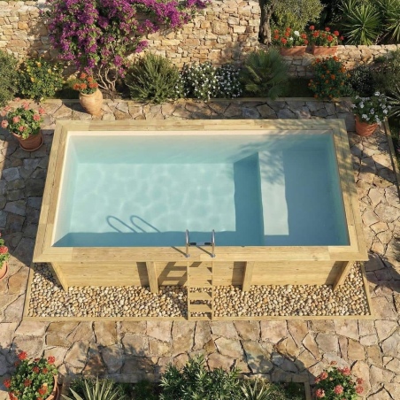 Pool AQUA 6.1 x 2.85 - H.1.31 m mit Liegefläche, sandfarben, mit am Beton verschraubten Stahlprofilen