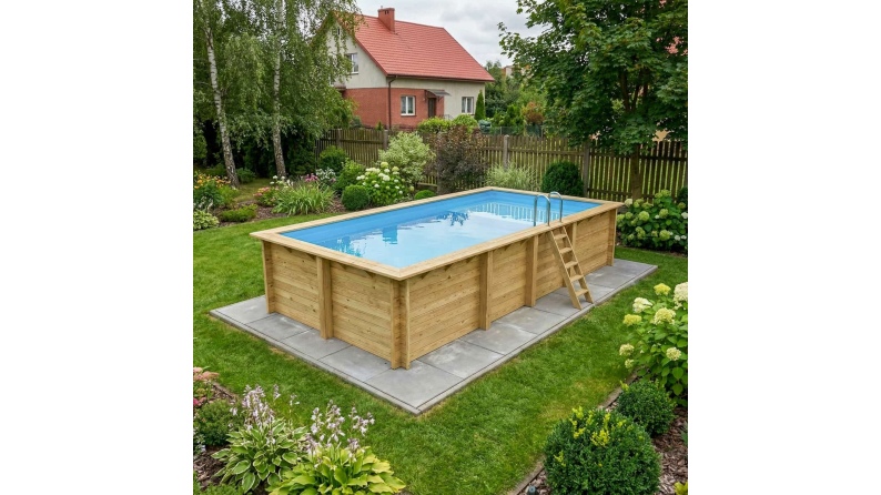 Pool AQUA 7 x 3.75 - H.1.45 m mit Liegefläche, hellblau, mit am Beton verschraubten Stahlprofilen