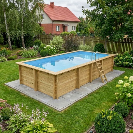 Pool AQUA 7 x 3.75 - H.1.45 m mit Liegefläche, hellblau, mit am Beton verschraubten Stahlprofilen