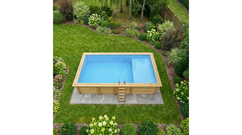 Pool AQUA 7 x 3.75 - H.1.45 m mit Liegefläche, hellblau, mit am Beton verschraubten Stahlprofilen