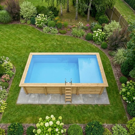 Pool AQUA 7 x 3.75 - H.1.45 m mit Liegefläche, hellblau, mit am Beton verschraubten Stahlprofilen