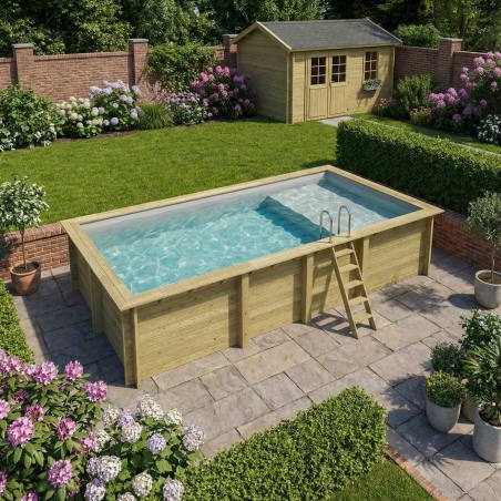 Pool AQUA 7 x 3.75 - H.1.45 m mit Liegefläche, grau, mit am Beton verschraubten Stahlprofilen