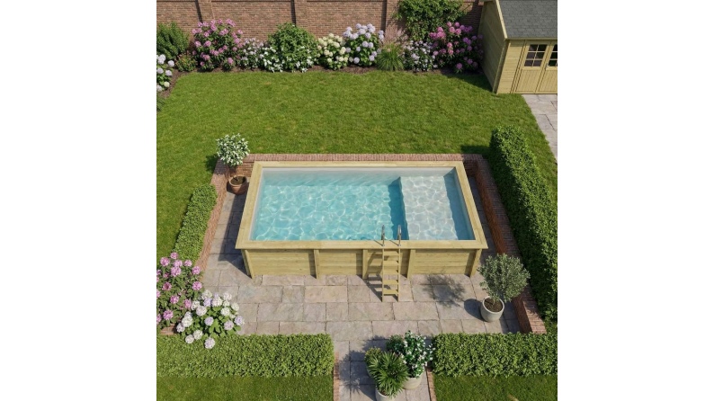 Pool AQUA 7 x 3.75 - H.1.45 m mit Liegefläche, grau, mit am Beton verschraubten Stahlprofilen