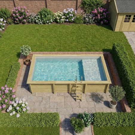 Pool AQUA 7 x 3.75 - H.1.45 m mit Liegefläche, grau, mit am Beton verschraubten Stahlprofilen