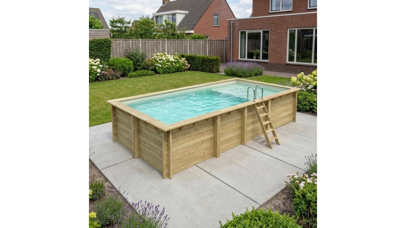 Pool AQUA 7 x 3.75 - H.1.45 m mit Liegefläche, sandfarben, mit am Beton verschraubten Stahlprofilen