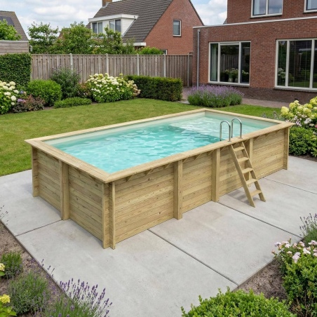 Pool AQUA 7 x 3.75 - H.1.45 m mit Liegefläche, sandfarben, mit am Beton verschraubten Stahlprofilen