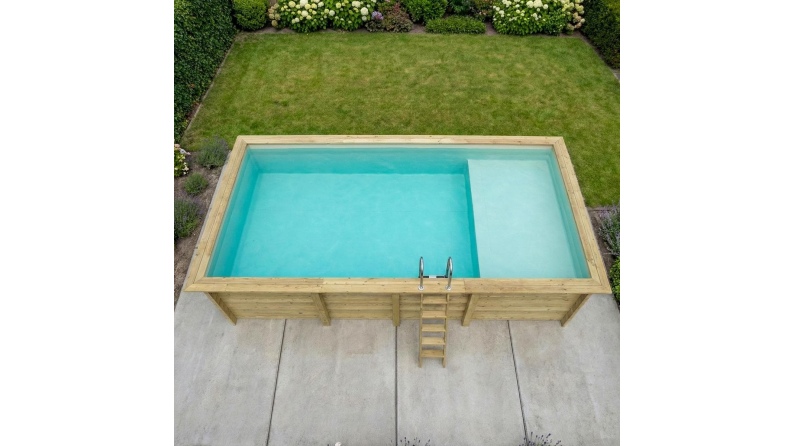 Pool AQUA 7 x 3.75 - H.1.45 m mit Liegefläche, sandfarben, mit am Beton verschraubten Stahlprofilen