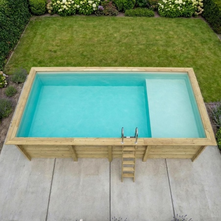 Pool AQUA 7 x 3.75 - H.1.45 m mit Liegefläche, sandfarben, mit am Beton verschraubten Stahlprofilen