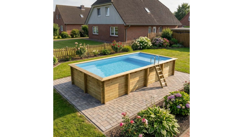 Pool AQUA 8.5 x 4.35 - H.1.45 m mit Liegefläche, hellblau, mit am Beton verschraubten Stahlprofilen