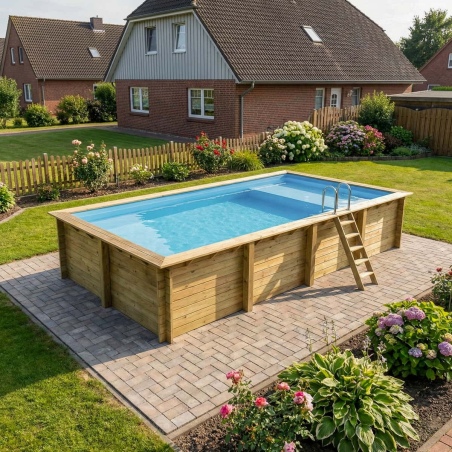 Pool AQUA 8.5 x 4.35 - H.1.45 m mit Liegefläche, hellblau, mit am Beton verschraubten Stahlprofilen