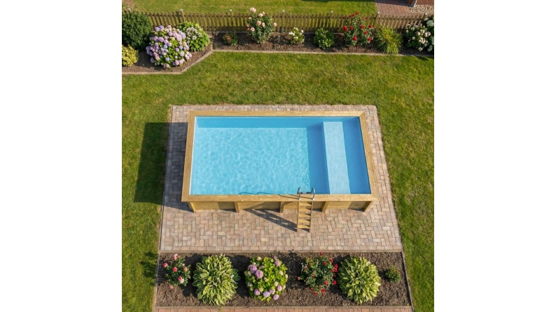 Pool AQUA 8.5 x 4.35 - H.1.45 m mit Liegefläche, hellblau, mit am Beton verschraubten Stahlprofilen