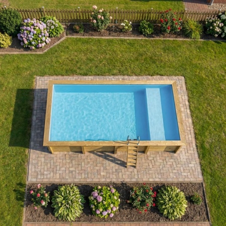 Pool AQUA 8.5 x 4.35 - H.1.45 m mit Liegefläche, hellblau, mit am Beton verschraubten Stahlprofilen